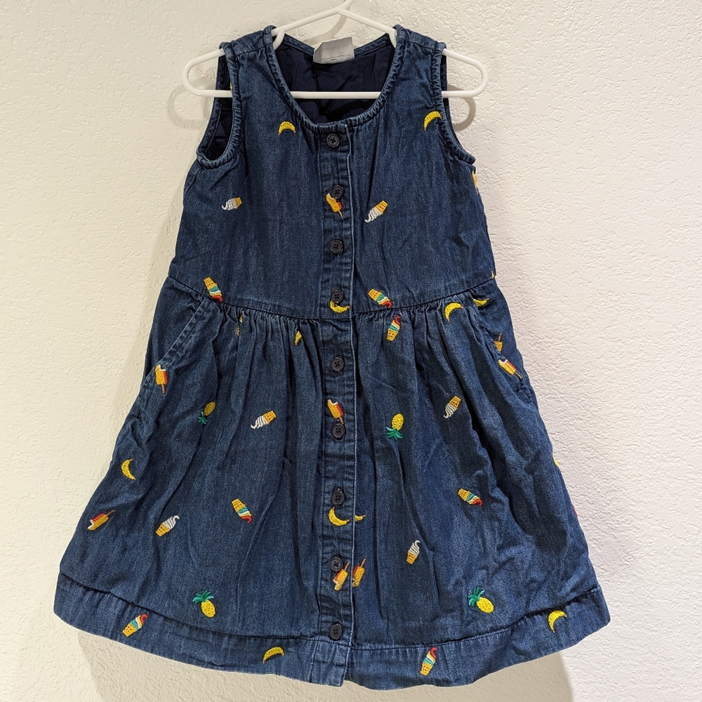 Hanna Andersson Chasing Summer Button Up Chambray Denim Embroidered Dress 5T